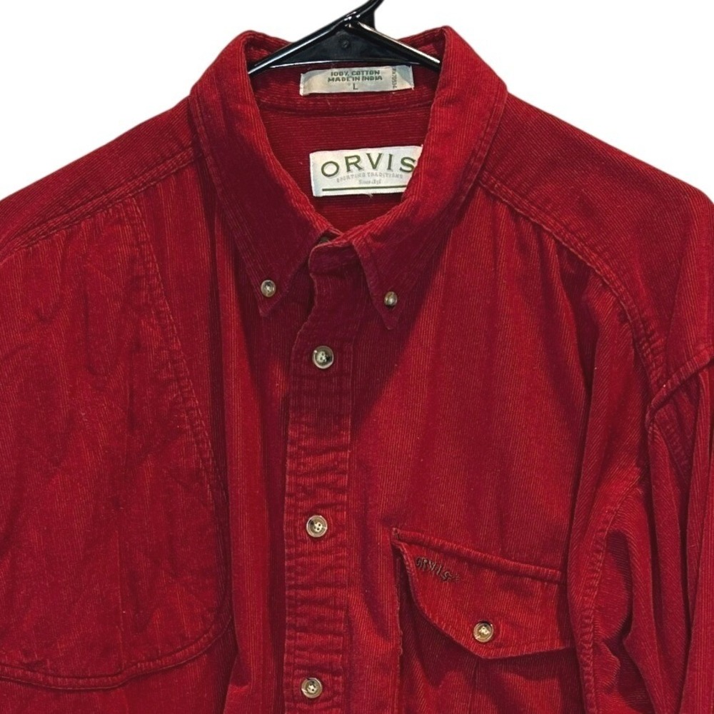 Orvis Corduroy Shirt Large Mens Red Long Sleeve Cotton Hunting Shooting Buttoned